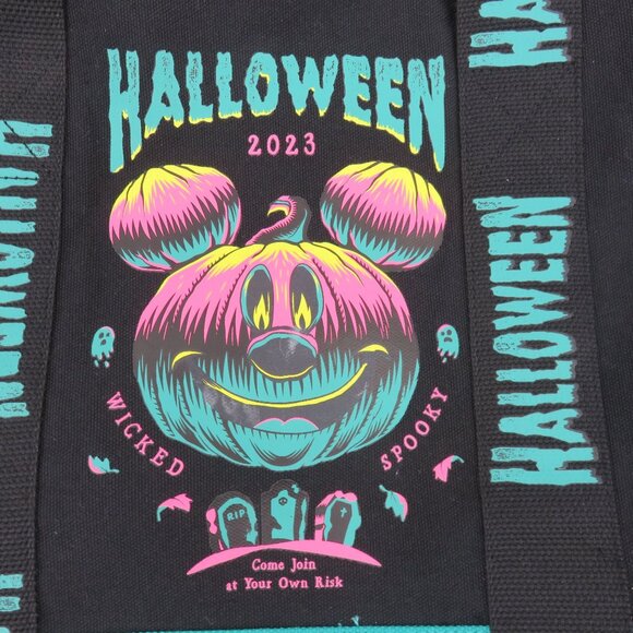Disney Parks 2023 Halloween Glow In The Dark Mickey Mouse Tote Bag Black Teal - Picture 3 of 12